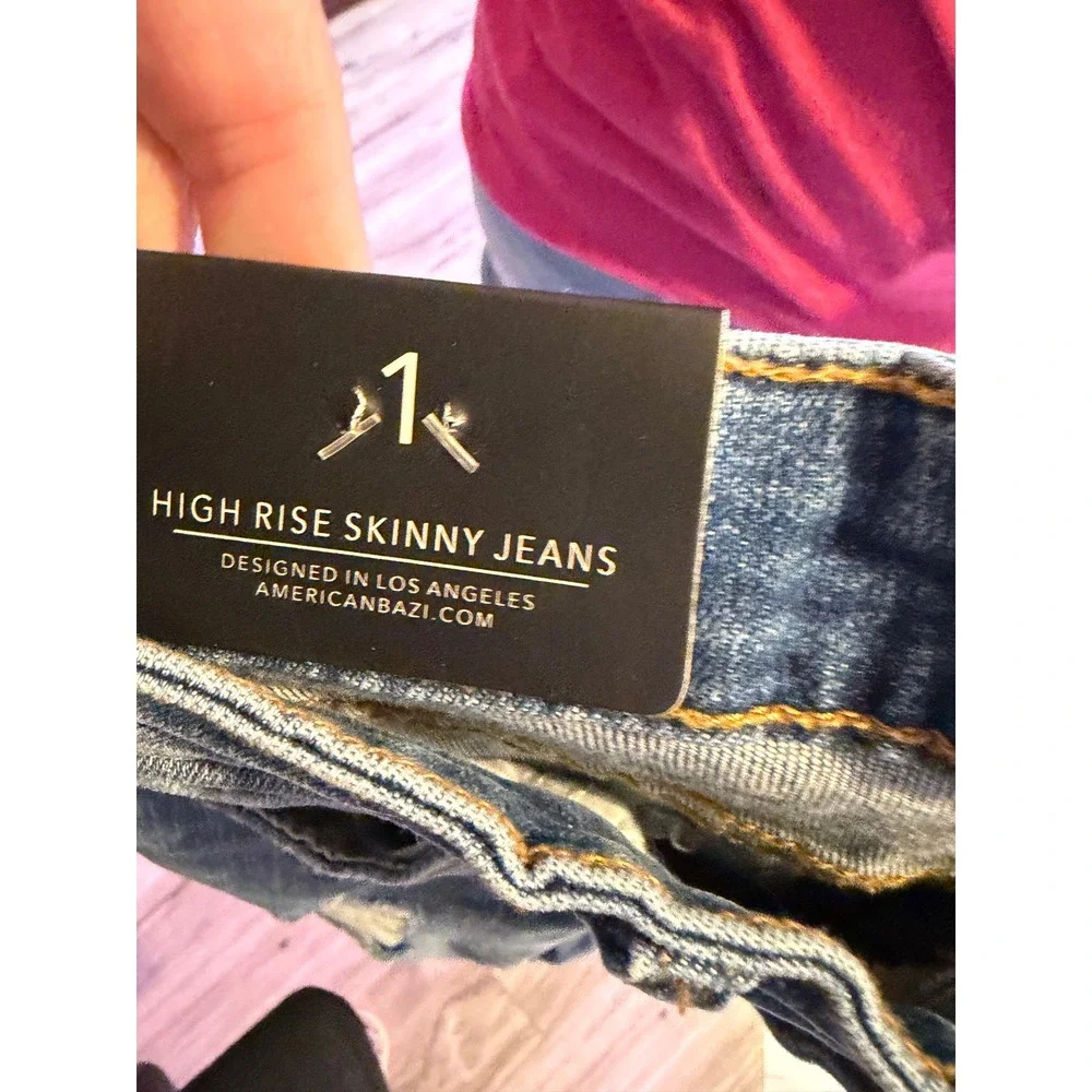 American Bazi High Rise Skinny Jeans Distressed Frayed Hem‎ Blue Denim Women